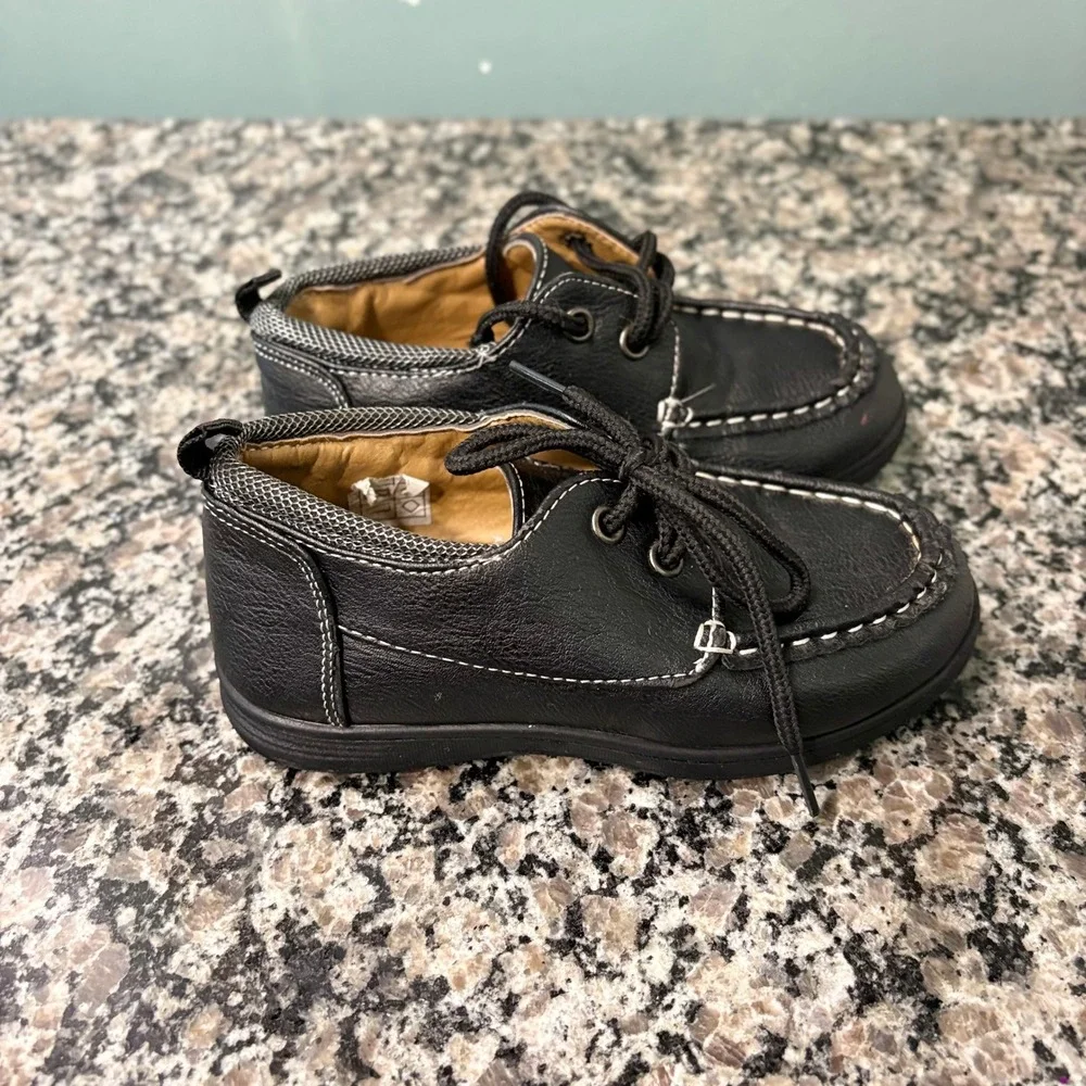 Smart Step Kids Black Faux Leather Boat Shoes Lace Up Loafers Size 10 Toddler